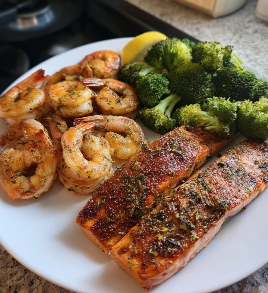 Cajun Salmon & Garlic Butter Shrimp with Roasted Broccoli