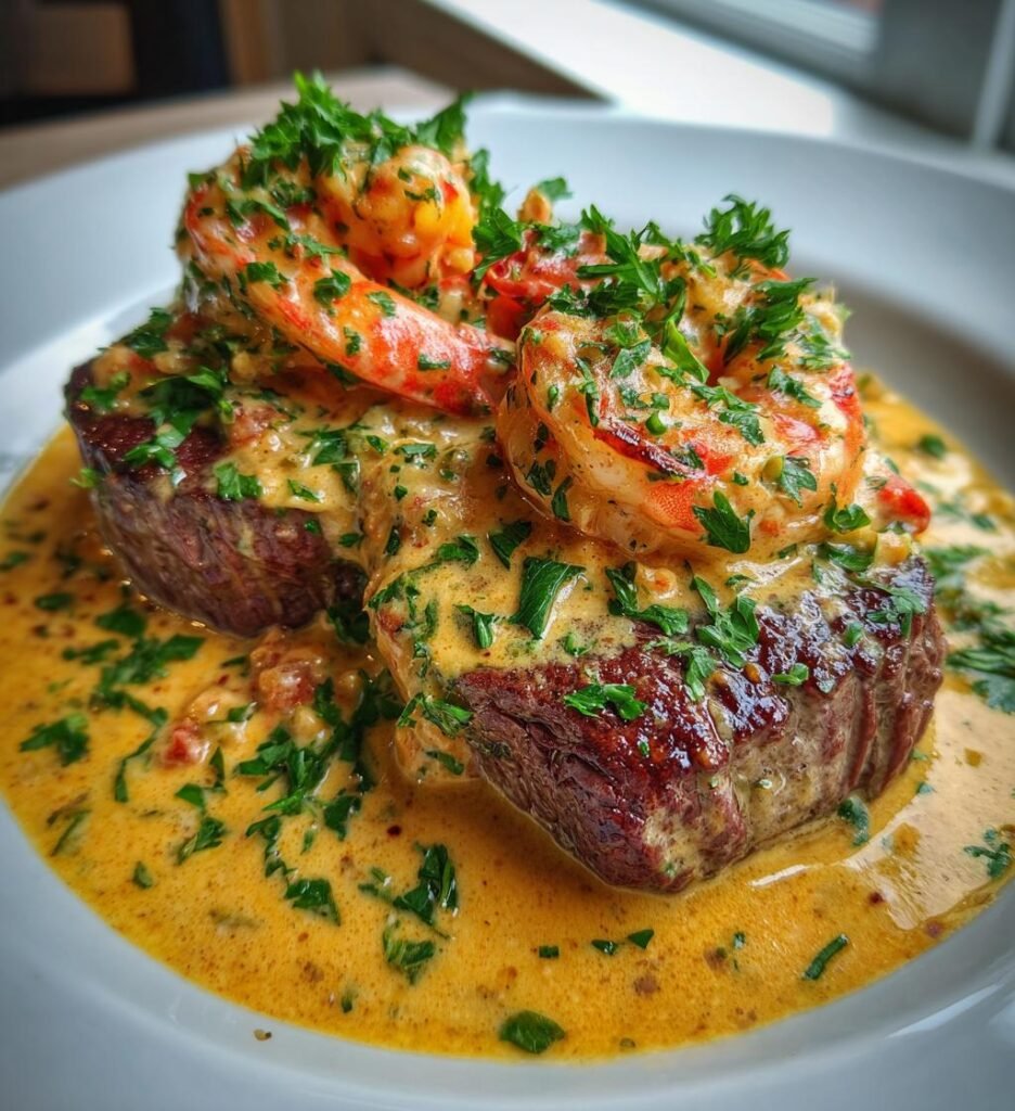 Filet Mignon with Shrimp and Lobster Cream Sauce