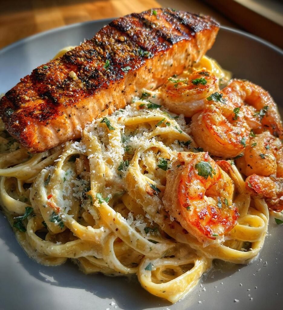 Grilled Salmon & Shrimp Fettuccine Alfredo