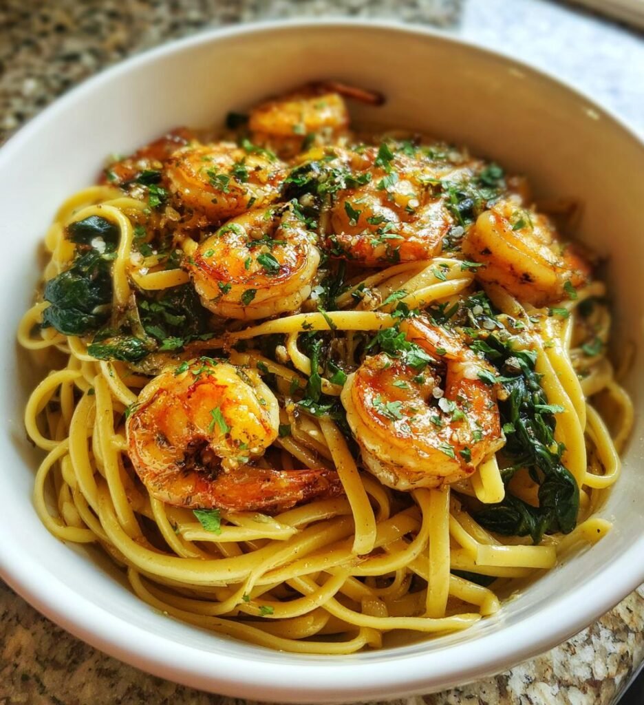 Knoblauch-Butter-Scampi-Linguine mit Spinat