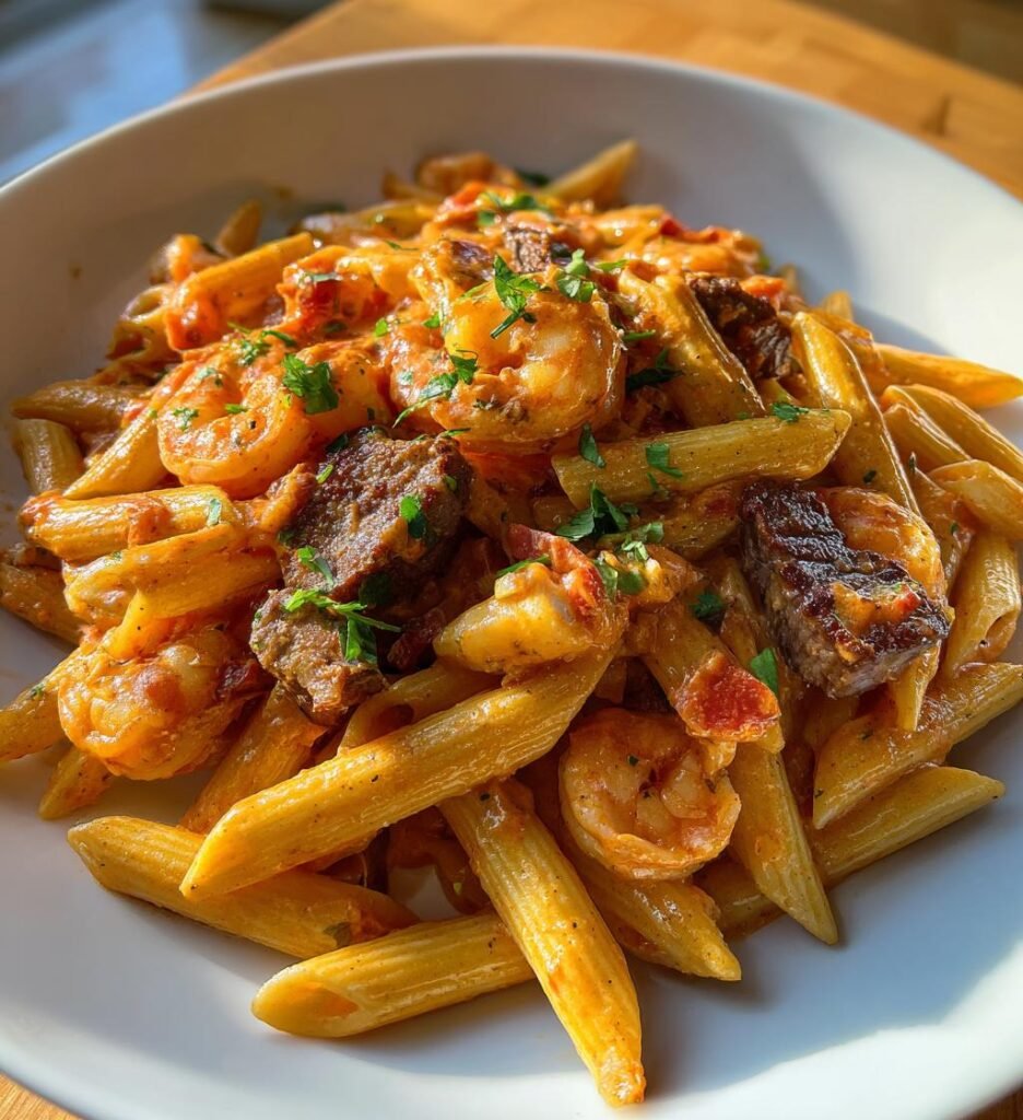 Surf & Turf Penne mit cremiger Tomatensauce